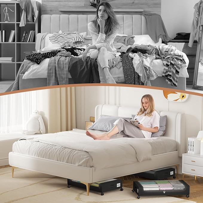 Under Bed Storage Containers with Clear Lid, Large Under Bed Storage with Wheels,6.22"H Under Bed Containers Rolling Under Be