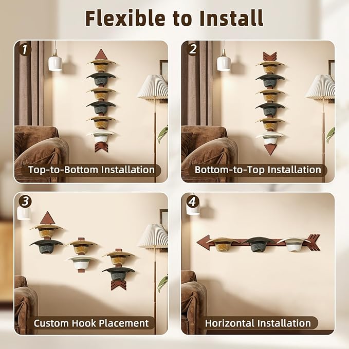 Cowboy Hat Holder for Wall 6 Pieces Arrow Solid Wood with Metal Western Hat Rack Wall Decor Hat Organizer Hanger Storage for 