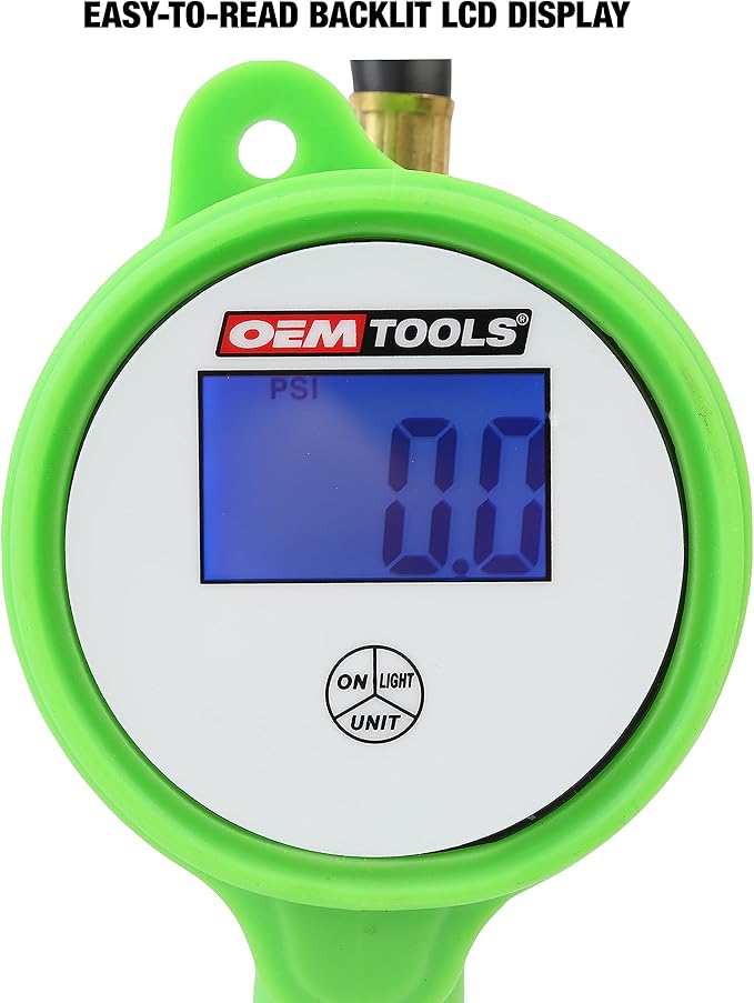 OEMTOOLS 24412 Digital Tire Inflator with Tire Pressure Gauge, Digital LCD Display, 0 to 175 PSI Air Pressure Gauge for Tires with 21” Hose and Clip-On Air Chuck