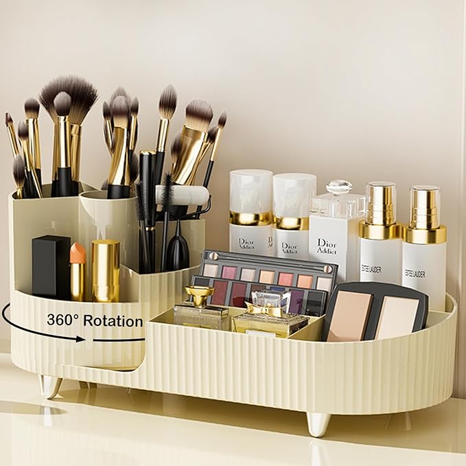 Rotating Makeup Organizer for Vanity with Brush Holder, Cosmetic Makeup Storage Organizer, Large Spinning Makeup Skincare Org
