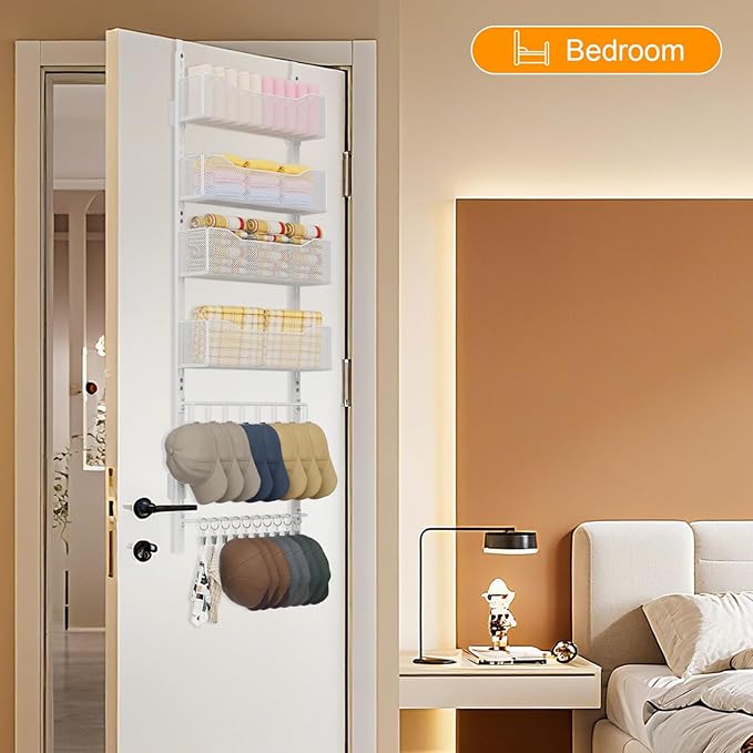 Over the Door Organizer, 2 in 1 Metal Hanging Closet Organizer & Hat Rack with 4 Adjustable Baskets, 8 Hooks, 10 Clips, Behin