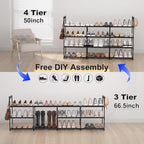 3 Row 4 Tier Long Shoe Rack, Black Metal Stackable Shoe Shelf with Multifunctional Hooks, Shoe Storage Hold 24-30 Pairs, Spac