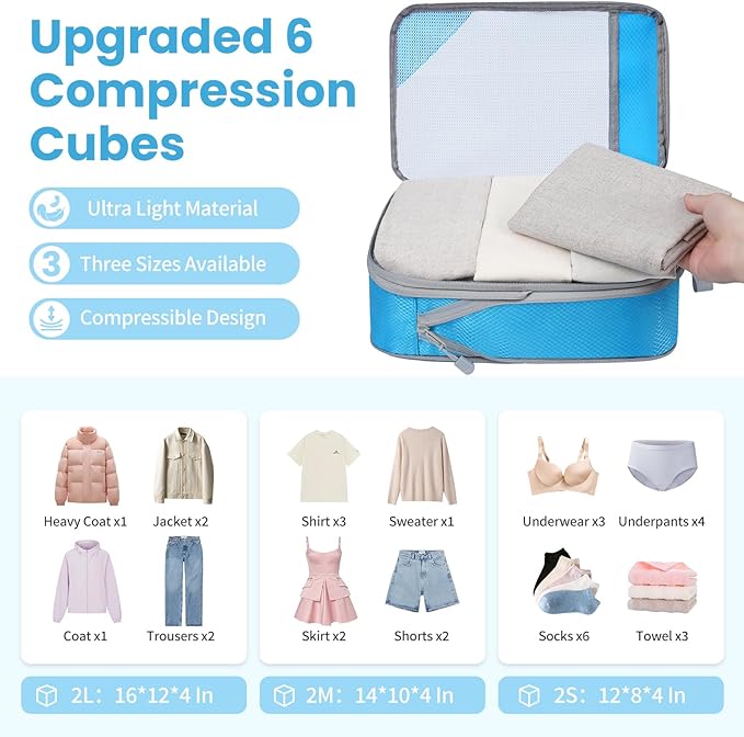 Compression Packing Cubes for Travel, Lightweight Vacation Travel Essentials, Travel Accessories for Suitcase Organizer Bags 