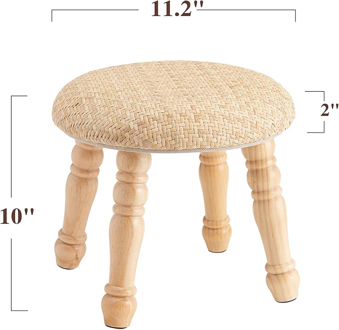 Solid Wood Wall Shelf 3-Tier,Round Foot Stool,Small Pouf Ottoman with Natural Rattan, Boho Footrest Wooden Stool for Couch,Ru
