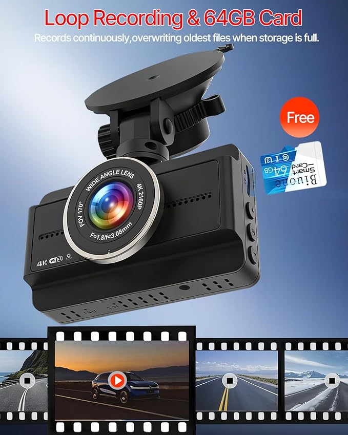 Dash Cam Front and Rear, 4K Full HD Dual Dash Camera for Cars W/ 64GB Card Included, Built-in 5G WiFi & GPS, Car Camera Dashc