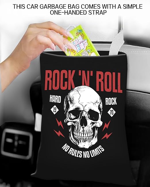Car Trash Can, Durable Hanging Car Trash Garbage Bag, Cute Automotive Garbage Cans Organizer, Black Rock Skull