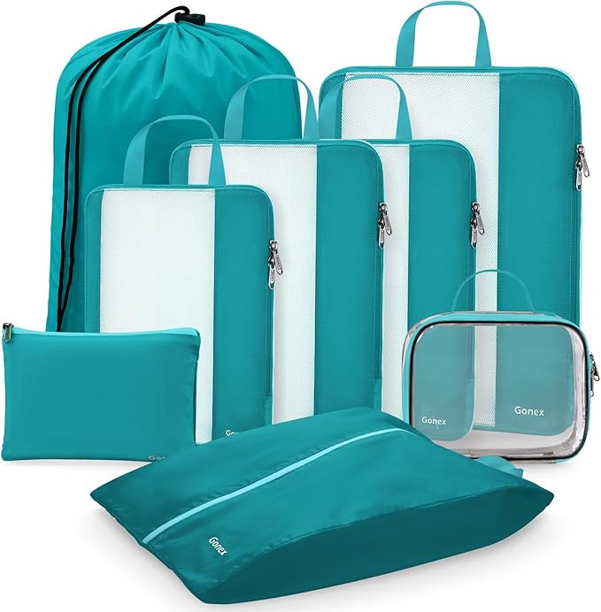 Gonex 8 Set Compression Packing Cubes, Expandable Mesh Organizer for Travel Accessories, Essentials With Toiletry, Laundry, S
