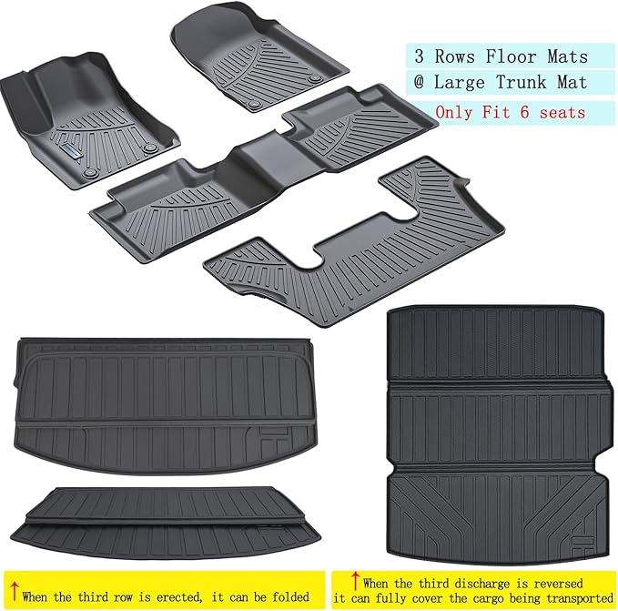 Floor Mats & Large Trunk Mat for 2016-2024 2025 Dodge Durango（Only Fit 6 Seats）-2nd Row Bucket Seat,TPE All Weather Protection 3 Rows Car Floor Liners with Large Cargo Liners