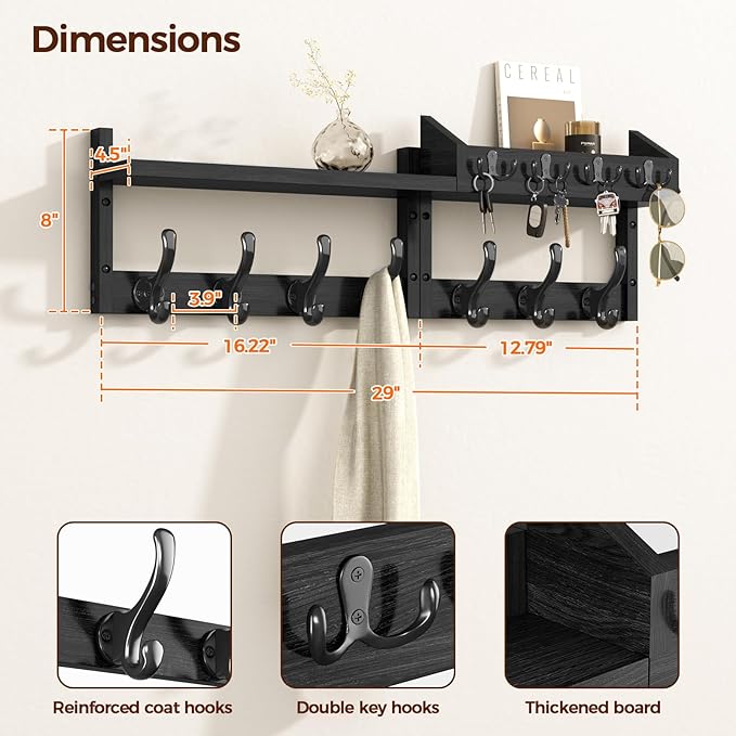 Evermagin 29" Coat Rack Wall Mount with Shelf, 4 in 1 Wall Mounted Coat and Key Hanger with 11 Hooks, Entryway Key Holder wit