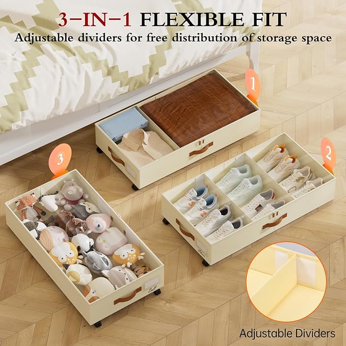 Yecaye Under Bed Storage with Wheels, 2Pack Grey Under Bed Storage Containers and 2Pack Beige Under Bed Shoe Storage with Div