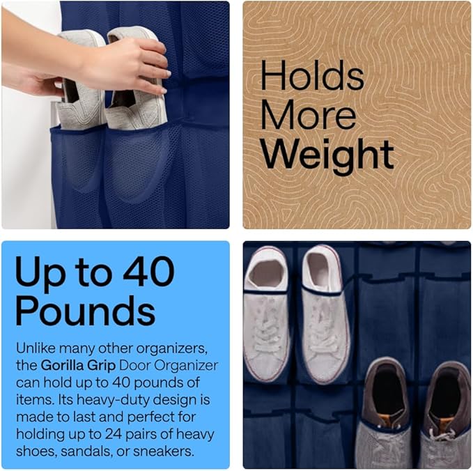 GORILLA GRIP Over the Door Shoe Organizer, 24 Large Breathable Mesh Pockets, Space Saving Hanging Storage Holder, Closet Rack