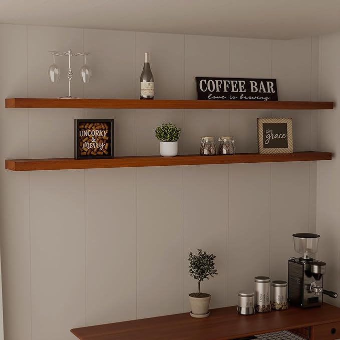 IEO Long Wooden Floating Shelves for Room Wall, Natural Wood Floating Shelves Wall Mounted Kitchen Shelf for Living Room, Bed