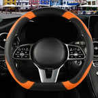 Microfiber Leather D Shaped Steering Wheel Cover, Breathable, Anti Slip, 13.5 inch to 14 inch, Black with Orange