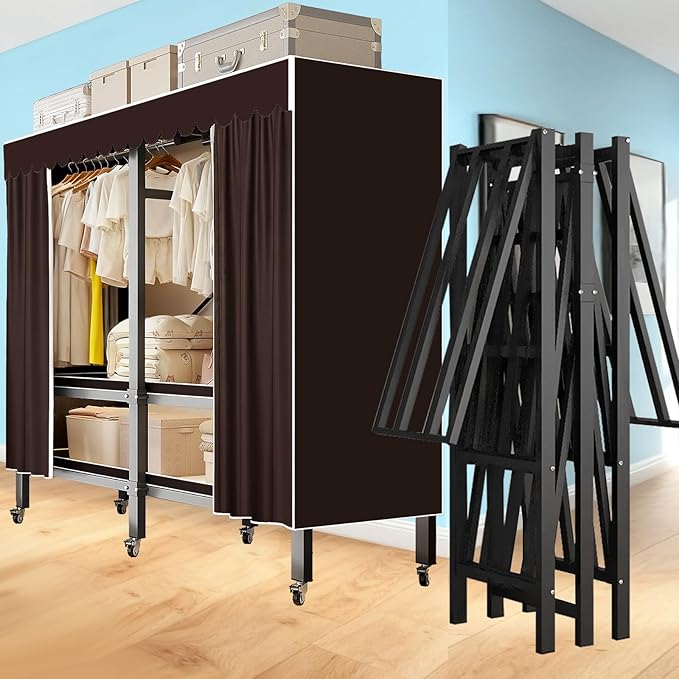 Garment Rack with Cover, Heavy Duty Portable Wardrobe Closet 2000LB, Foldable Clothe Rack with Wheel, Clothes Rack for Hangin