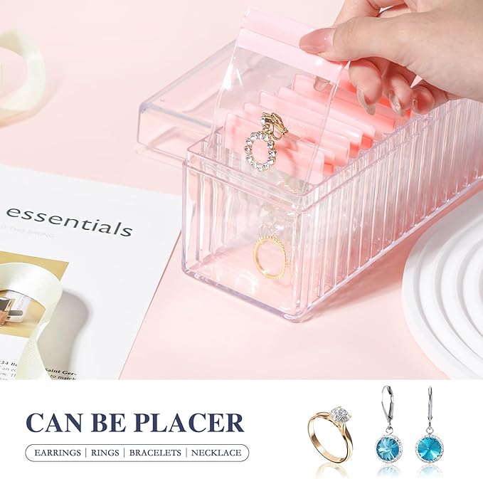 HOMEHIVE Acrylic Jewelry Box Organizer, Clear Jewelry Organizer Holder with 20 Portable Anti Tarnish Jewelry bags, Travel Jew