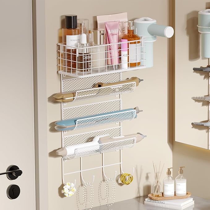 Wall-Mounted Hair Dryer Holder Styling Tool Organizer 4-Shelf Storage Wire Basket with Hook Heat Safe Rack for Hair-Straighte
