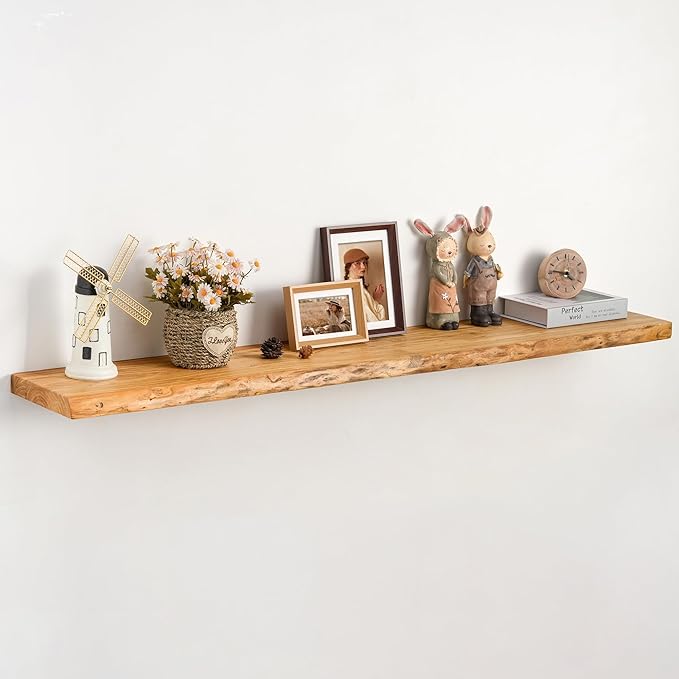 Live Edge Floating Shelf 55 Inch Extra Long | Solid Rustic Elm Wood with Invisible Brackets | Wall Mounted Shelf for Living R