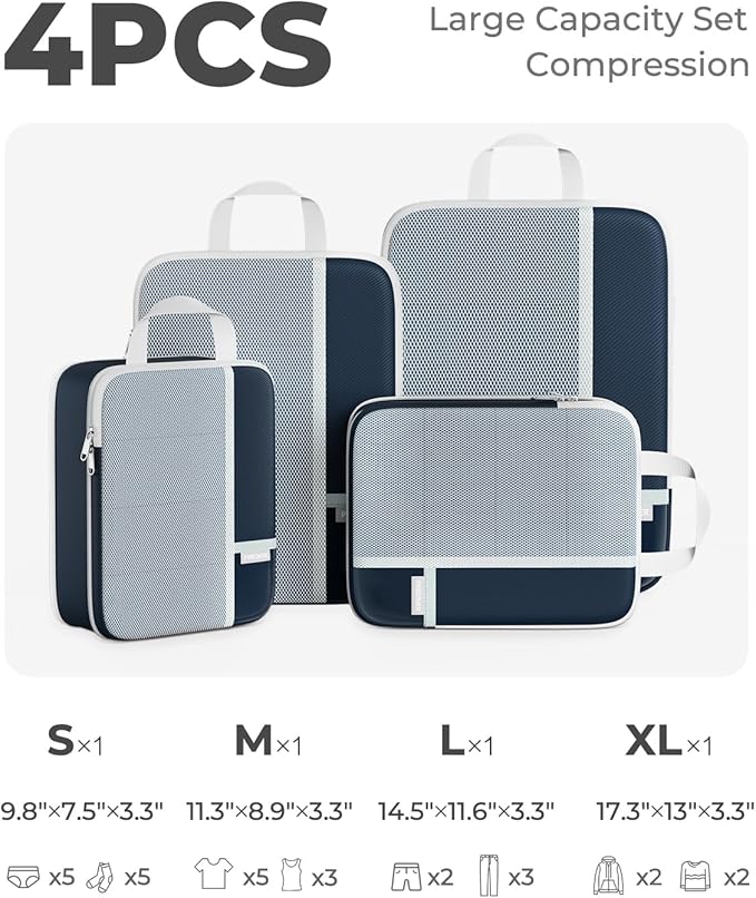 Percover Compression Packing Cubes 4-Piece Set, Packing Cubes Compression for Travel with Label Pockets, Travel Organizer for