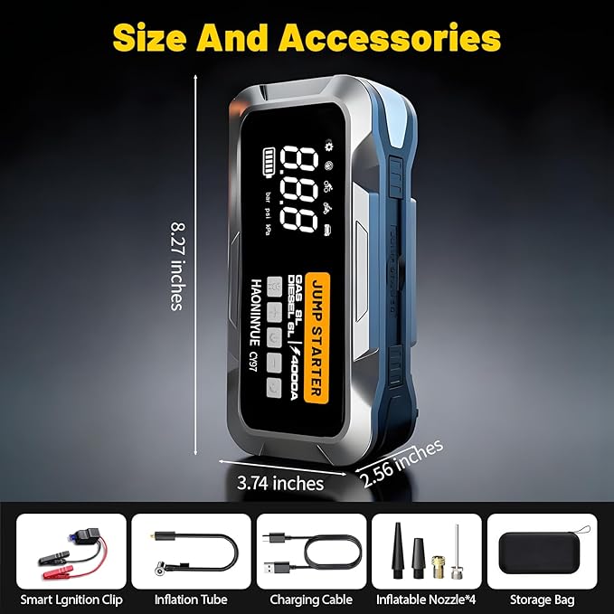 4000A Car Jump Starter with Air Compressor, Car Jumper 150PSI Portable Car Battery Jump Starter, 12V Jump Box Battery Pack