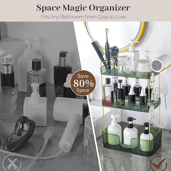 Aveniee Bathroom Counter Organizer,3 Tier Skincare Perfume Countertop Storage with Hair Dryer Rack and Toothbrush Holder, Cos
