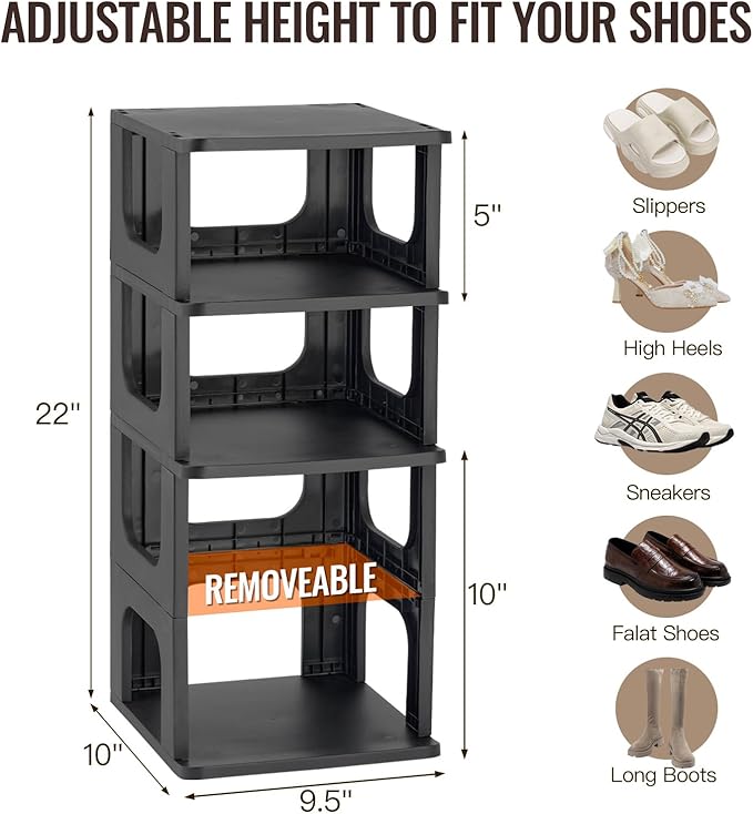 TRZZ 8-Tier Small Shoe Rack, Vertical Narrow Stackable Organizer with Removable Partition, Efficient Shoe Storage for Closet,