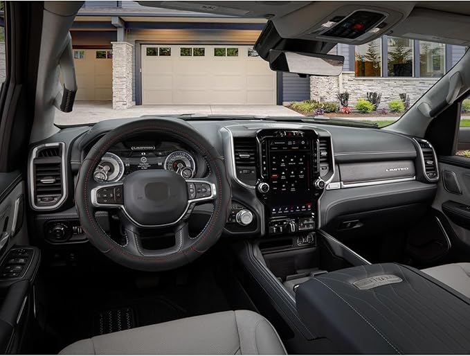 West Llama Customized Auto Car Steering Wheel Cover with 3D Texture for Dodge RAM 1500 2500 3500, 15.5-16 inch (Black+Red Lin