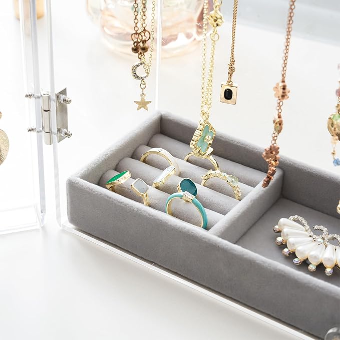 Lolalet Necklace Holder Organizer, Acrylic Jewelry Organizer with 24 Hooks, Rotating Clear Necklaces Display Box, Dust-proof 