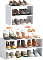 2-Tier Expandable White Shoe Rack Organizer for Closet, Stackable Shoe Rack Storage Shelf, Small Iron Wood Combination Shoe S