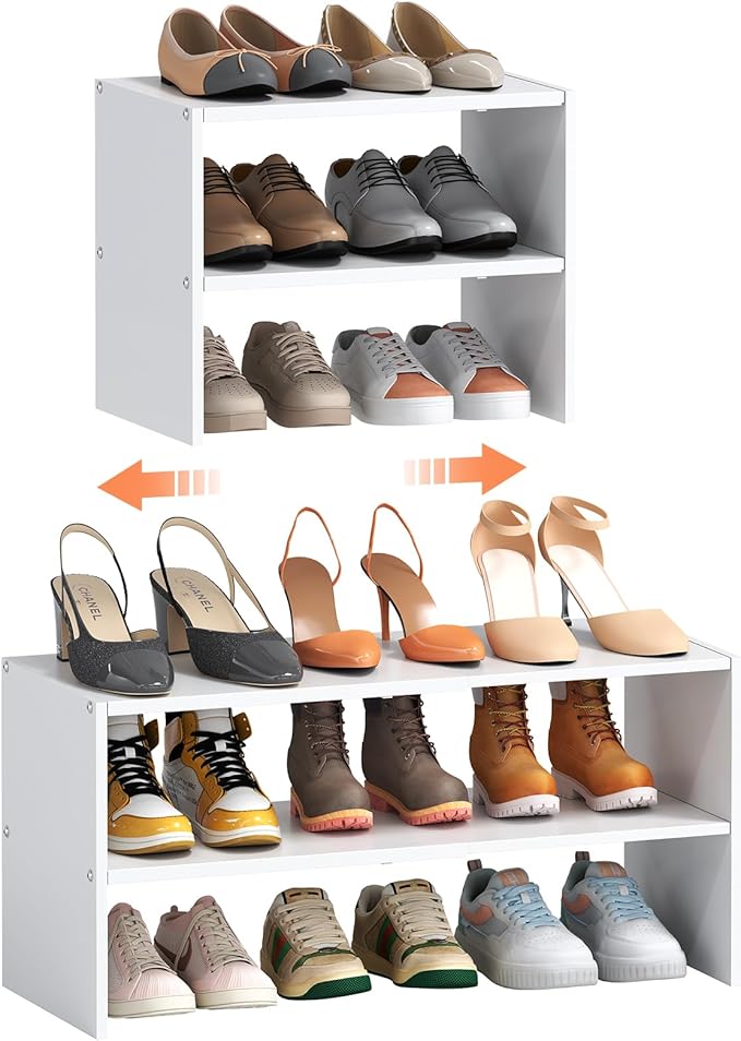 2-Tier Expandable White Shoe Rack Organizer for Closet, Stackable Shoe Rack Storage Shelf, Small Iron Wood Combination Shoe S