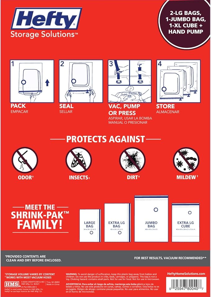Hefty Shrink-Pak Starter Kit - 2 Large, 1 XL Cube, 1 Jumbo Vacuum Seal Storage Bag and Hand Pump – Space Saver Bags for Cloth