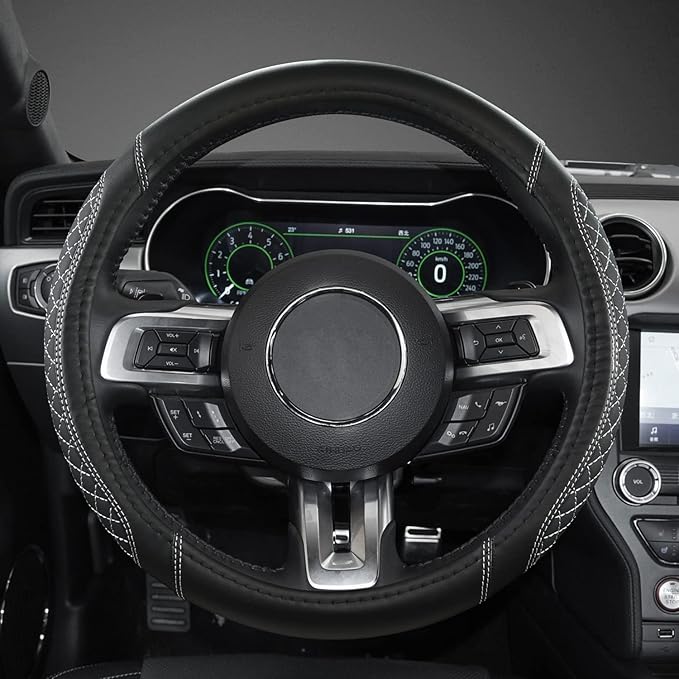 West Llama Car Steering Wheel Cover for Ford Escape,Explorer,Fusion,Focus,Bronco,Transit,Edge(Diamond Quilted - Black+Gray- S