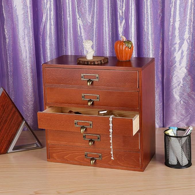 Desktop Drawer Organizer - Wooden Card Catalog Cabinet with Small Drawers - Vintage Rustic Desk Organizer (S-BROWN)
