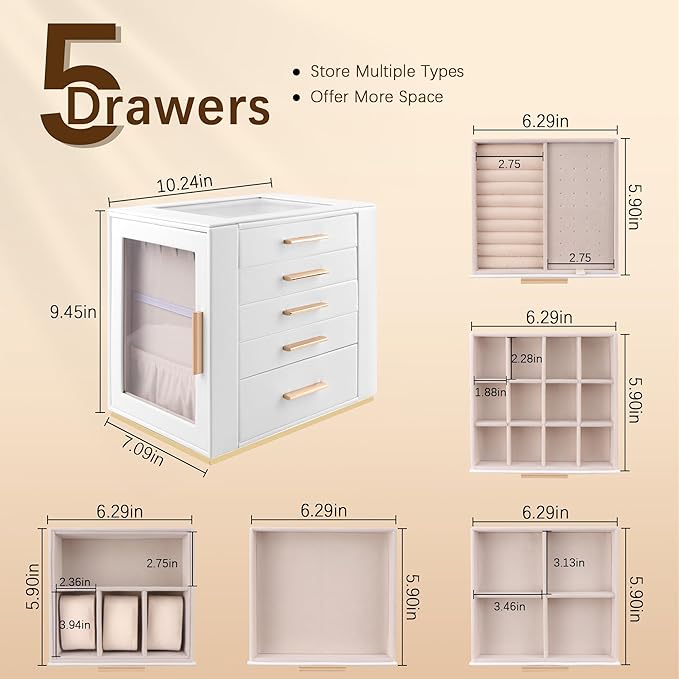Homeanda Jewelry Box for Women with Glass Lid, 5 Drawers Jewelry Organizer and Storage for Necklaces, Rings, Earrings, Bracel