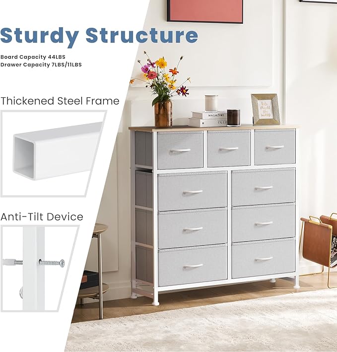 DUMOS 9 Drawer Dresser for Bedroom, Fabric Storage Organizer with Sturdy Metal Frame, Wooden Top Chest of Drawers for Closet 