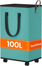 SpaceTrove Laundry Basket with Wheels, Collapsible Laundry Baskets, Laundry Hamper with Handles Detachable Wheels, Rolling La