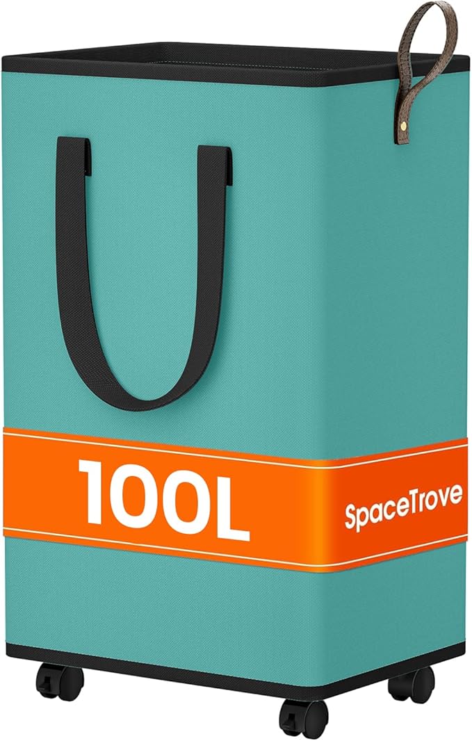 SpaceTrove Laundry Basket with Wheels, Collapsible Laundry Baskets, Laundry Hamper with Handles Detachable Wheels, Rolling La