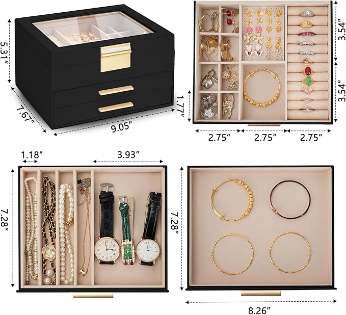 3-Layer Jewelry Box for Women, Jewelry Organizer with Glass Lid and Drawers, Jewelry Organizers and Storage for Necklaces, Ri