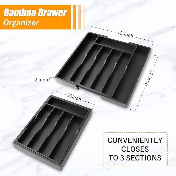 Bellsal Black Silverware Organizer Kitchen Drawer Organizer Expandable Bamboo Utensil Holder Cutlery Tray for Kitchen Utensil