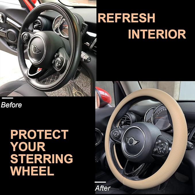 PINCTROT Nappa Leather Steering Wheel Cover, Slim Fit No Bulk Design, One Piece Leather with Breathable Perforation, Fit Like