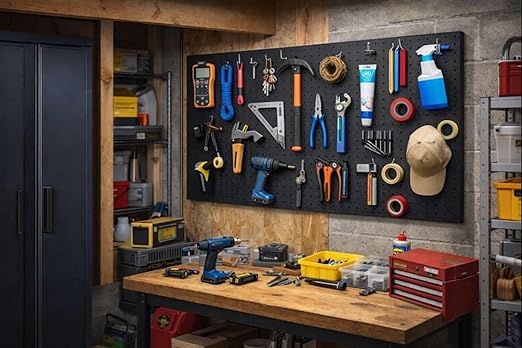 Peg Board Wall Organizer, Black Metal Pegboard Organizer, 2 Metal Pegboard Panels(12"x24") with 68 Accessories, Wall Mount La