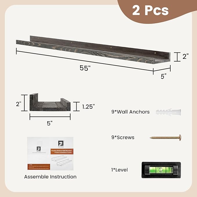 Picture Ledge Shelf, Floating Shelves Set of 2, Solid Pine Wood 55'' Long Large Nursery Book Shelves for Toys Storage, Kids B