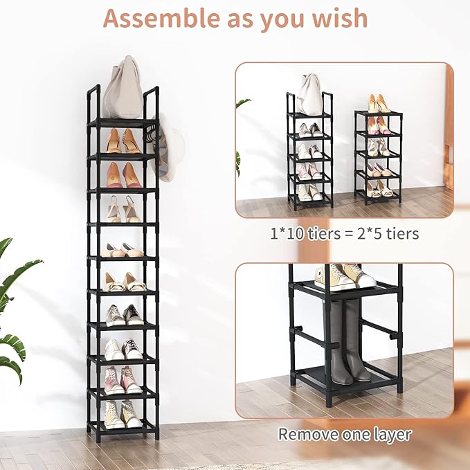 LANTEFUL Tall Narrow Shoe Rack for Entryway, 10-Tier Sturdy Metal Shoe Shelf Storage 10-15 Pairs of Shoes and Boots, Space Sa