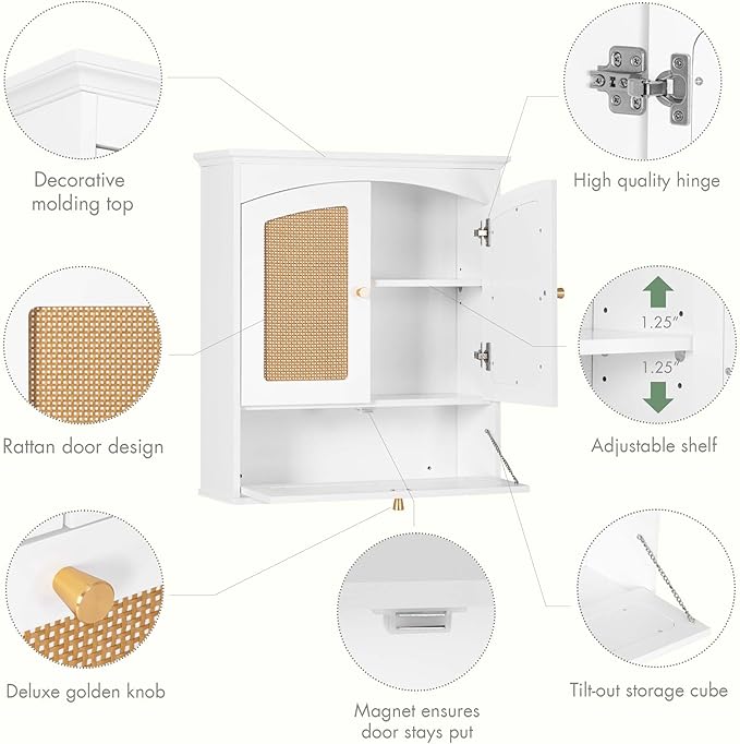 Spirich Bathroom Cabinet Wall Mount, Boho Medicine Cabinet for Bathroom, Over The Toilet Storage Cabinet with Rattan Doors an