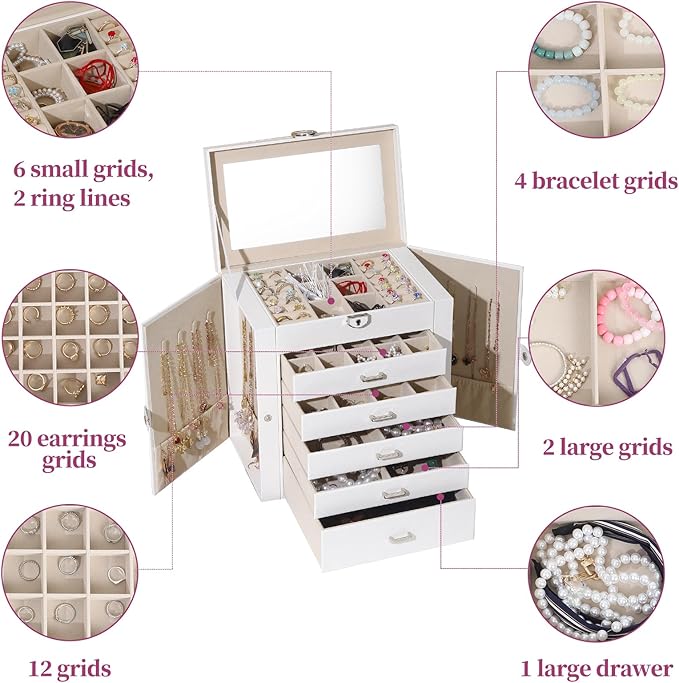 BOOVO Jewelry Box For women, 6 Layer Large Jewelry Organizer With Mirror, Multi-Function Storage Box With Lock, Accessory Hol