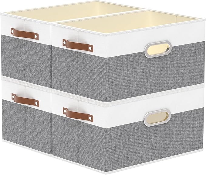 Yawinhe Foldable Storage Baskets for Shelves, Fabric Closet Organizers, Bins with 3 Handles, Cubes for Clothes, White/Grey, 1