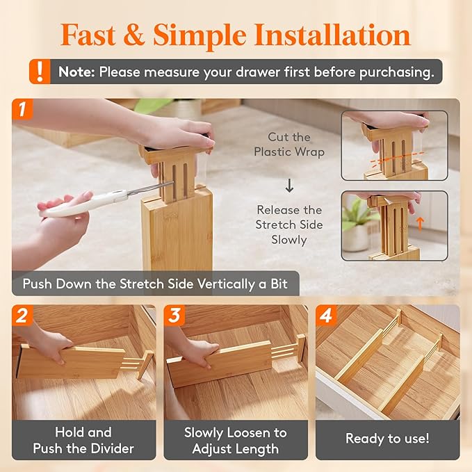 Lifewit 4" High 4 Pack Bamboo Drawer Dividers 31-40cm/12-16 Adjustable Wooden Drawer Organizer for Clothes/Utensils, Expandab