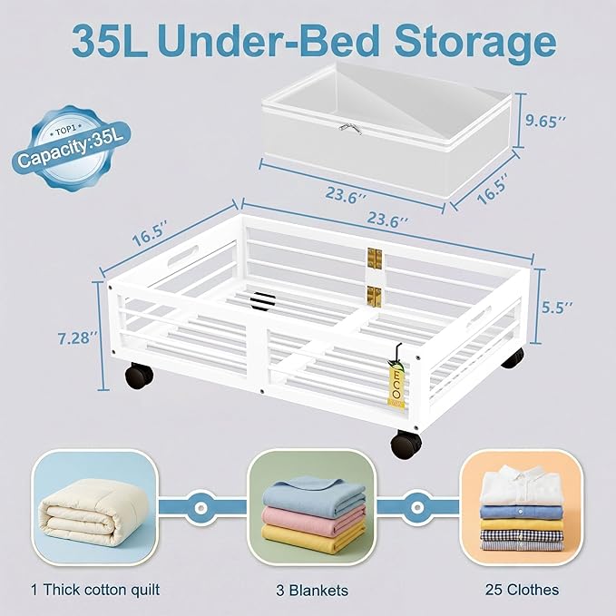 Under Bed Storage Containers with Wheels, Larger Bamboo Wood Under Furniture Storage Containers with Dust Bags，Rolling for Sh