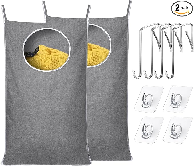 KEEPJOY 2Pack Space-Saving Hanging Laundry Bag, Door Laundry Hamper with 2 Different Types of Hooks, 30x20 Inch Oxford Fabric