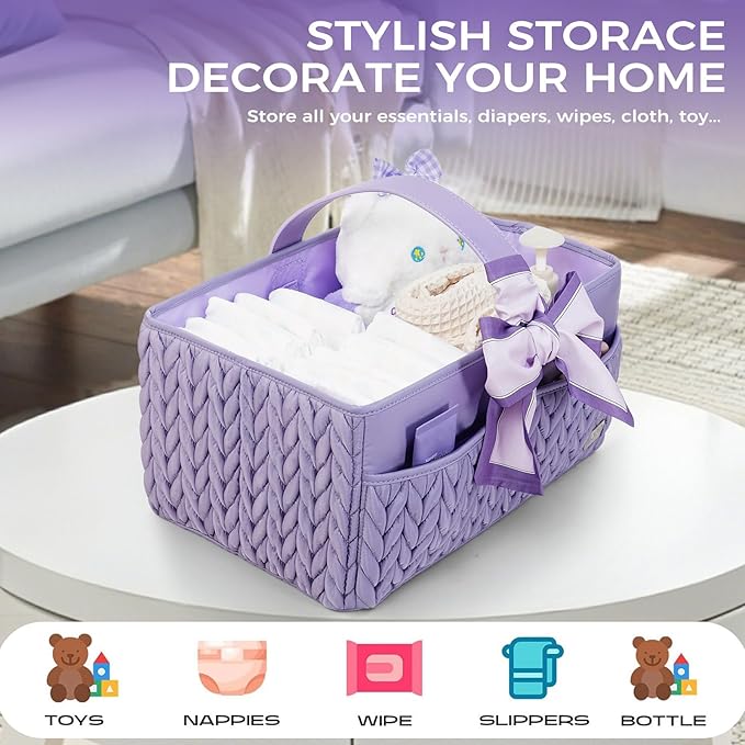 Luxurious Baby Diaper Caddy, Nursery Storage Basket for Newborn Boy and Girl, Travel Baby Basket for Diapers Baby Wipes, Orga