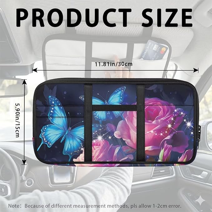 Butterfly Rose Zippered Heavy Duty Car with Adjustable Straps and Multi-Pocket Sun Visor Organizer Sun Visor Storage Bag with Picture Holder Easy Installation Universal Fit for Most Cars Suv